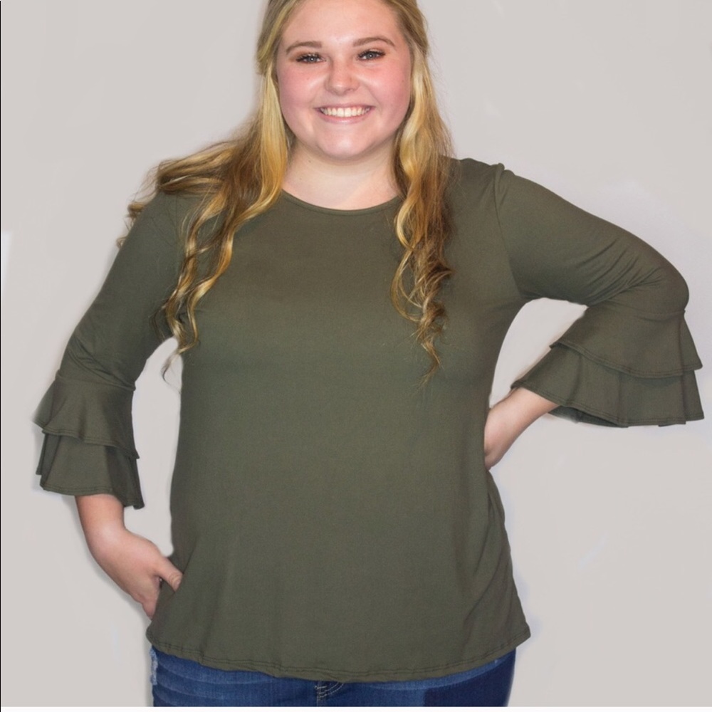2x olive green ruffle sleeve top